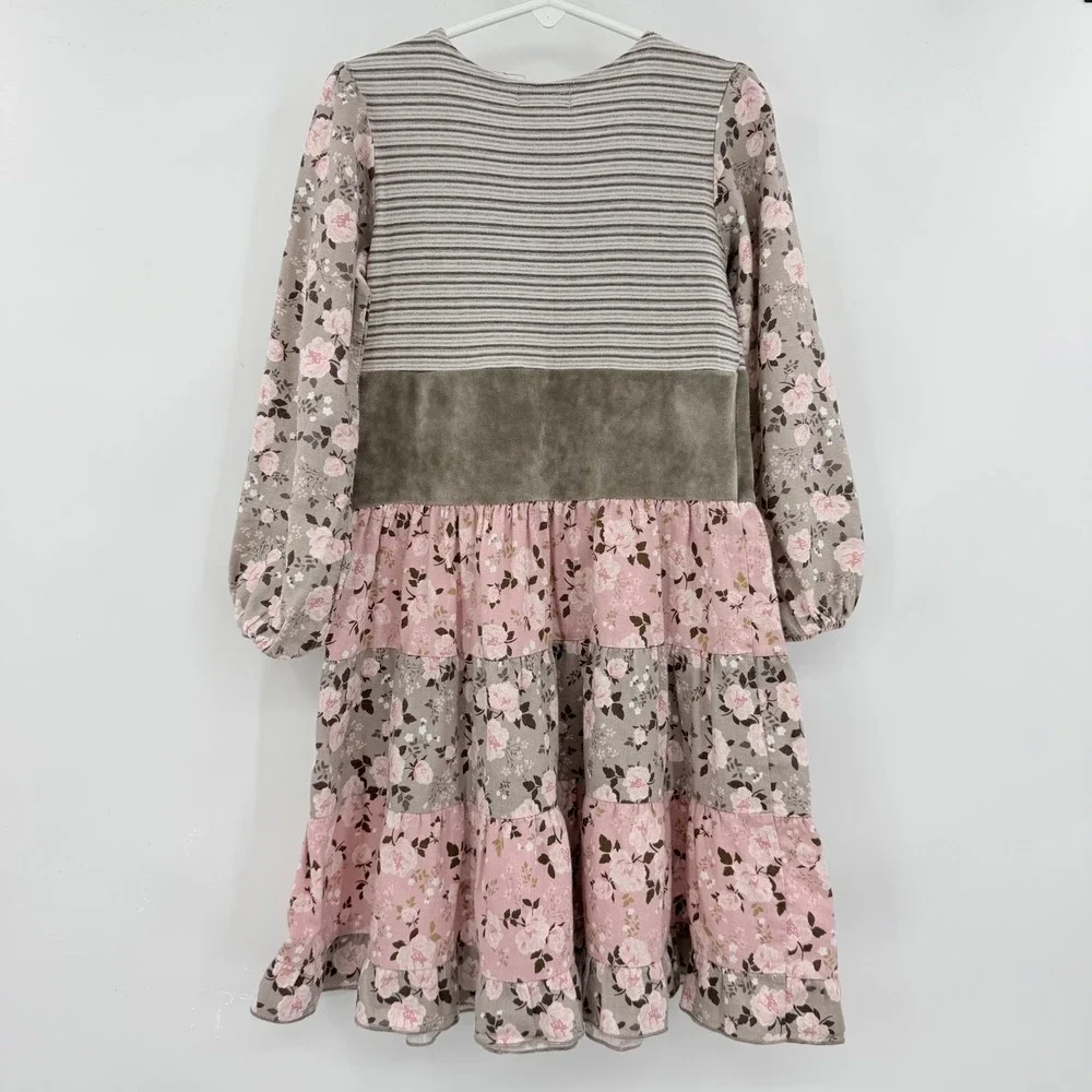 Zaza Couture Girls Striped‎ Floral Tiered Dress Pink Gray Long Sleeve Size 5